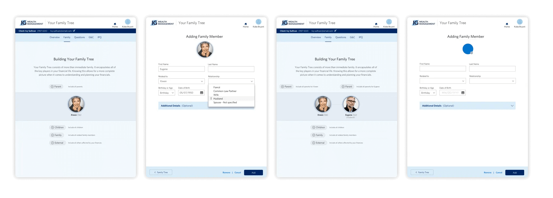 App Family tree workflow starting point with client adding spouse