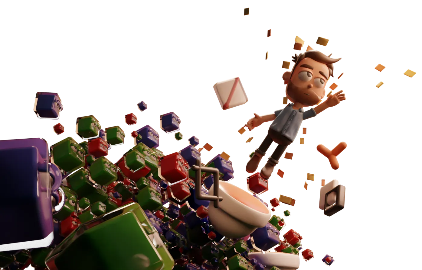 3D caricature of Mark Danhofer fleeing from pursuing 3D pixels