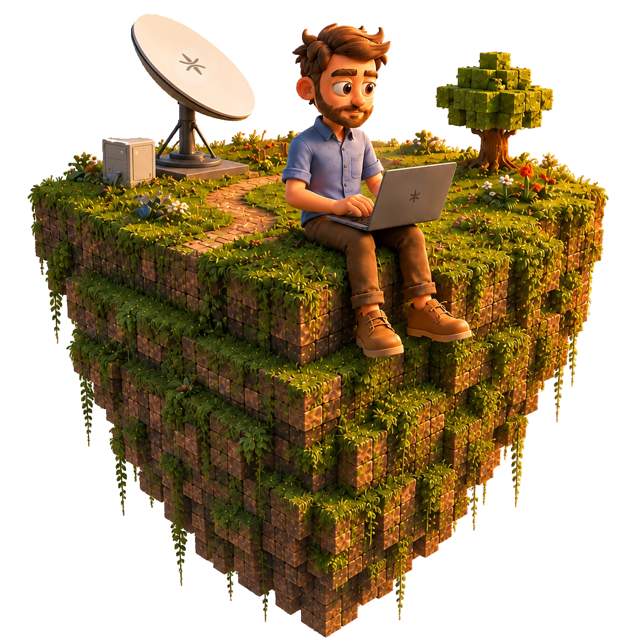 Mark, with his laptop, on a floating grassy island with a satellite dish and a tree.